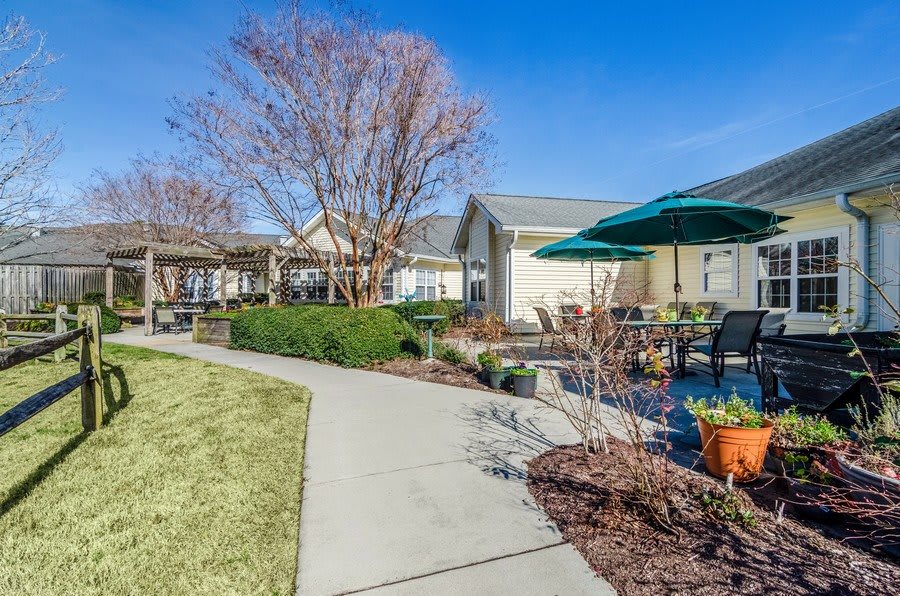 A well-maintained outdoor patio area with a pathway, garden, and seating under a large umbrella.