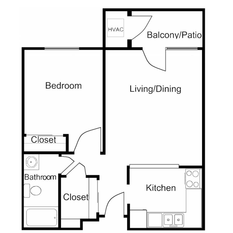A simple floor plan of a one-bedroom apartment featuring a kitchen, bathroom, and a living/dining area with access to a balcony or patio.