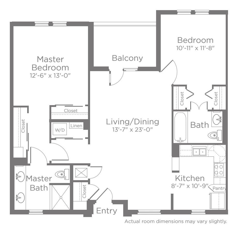 A detailed floor plan of an apartment featuring two bedrooms, two bathrooms, a living/dining area, kitchen, and balcony.
