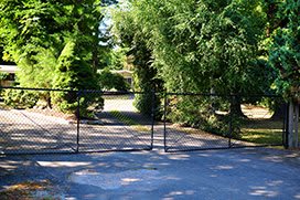 A driveway secured by a metal gate surrounded by lush greenery.