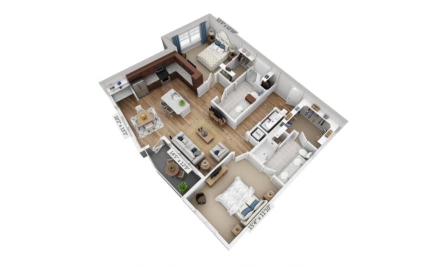 3D floor plan of a modern two-bedroom apartment with living room, kitchen, and bathrooms.