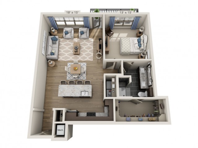 A modern one-bedroom apartment floor plan with an open living and kitchen area.