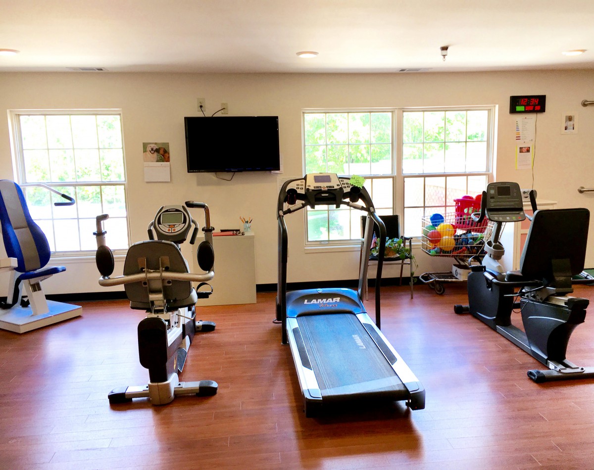 A home gym setup featuring a treadmill, stationary bike, and various exercise equipment in a well-lit room.
