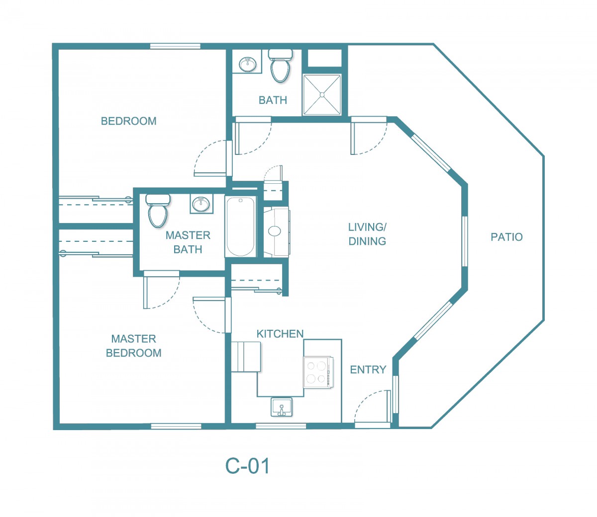 A detailed floor plan of a two-bedroom apartment with labeled rooms including a kitchen, living/dining area, bathrooms, and a balcony.
