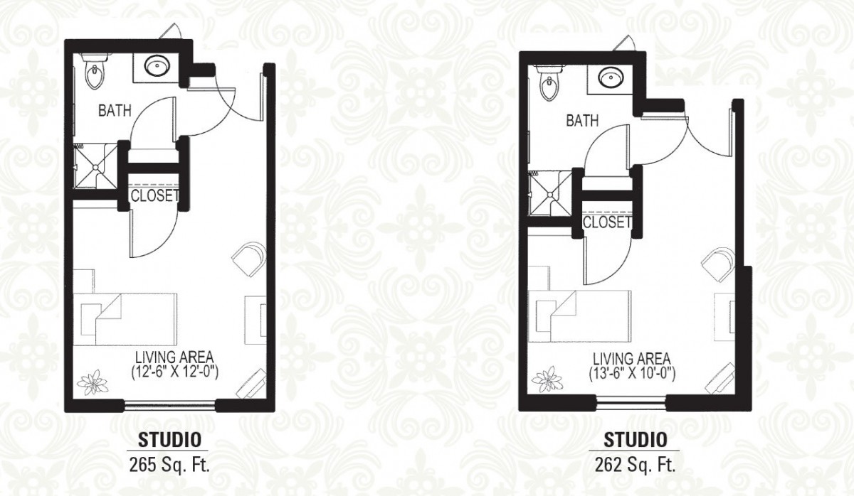 Floor plans of two compact studio apartments, showcasing efficient use of space.
