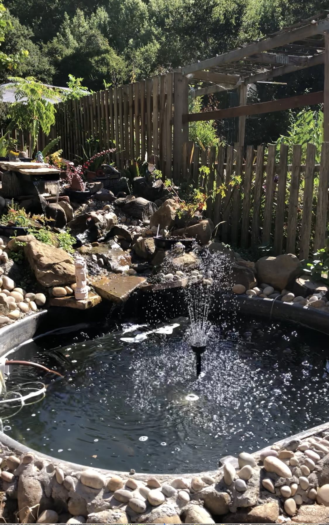 A serene garden pond with a small fountain, surrounded by rocks and greenery.