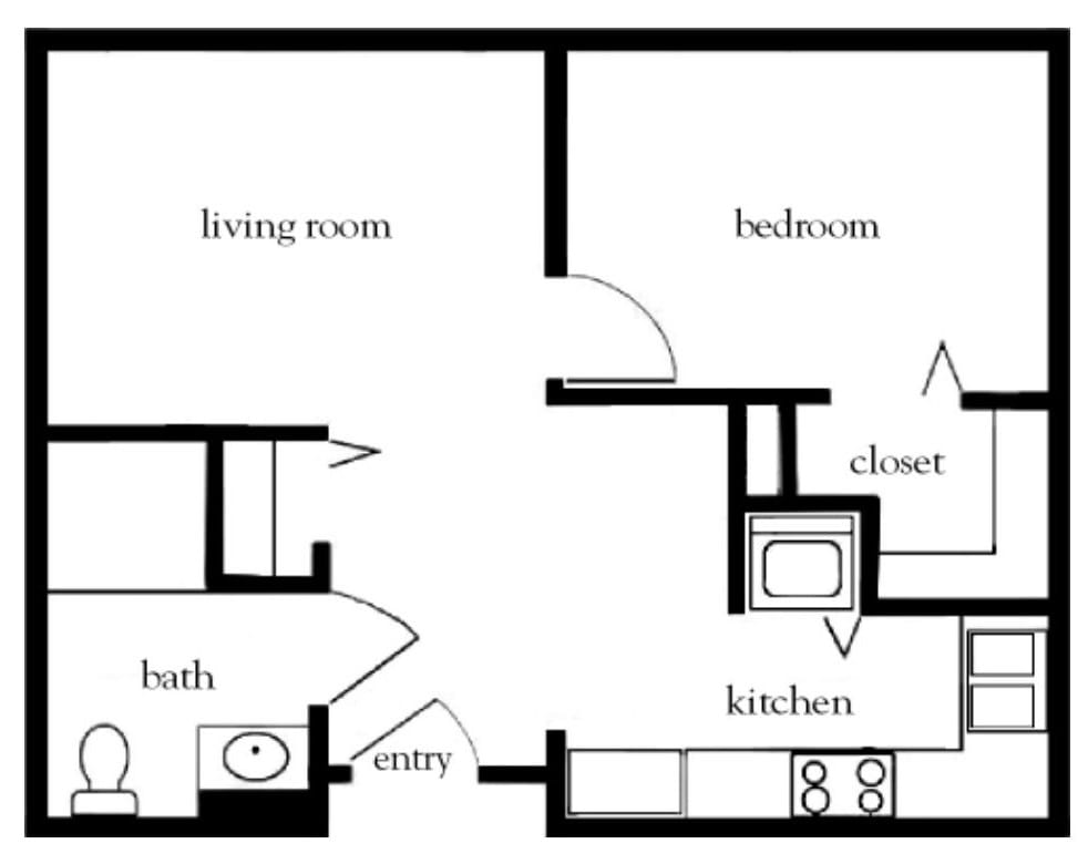 A simple floor plan of a one-bedroom apartment featuring a living room, bedroom, kitchen, bathroom, and closet.