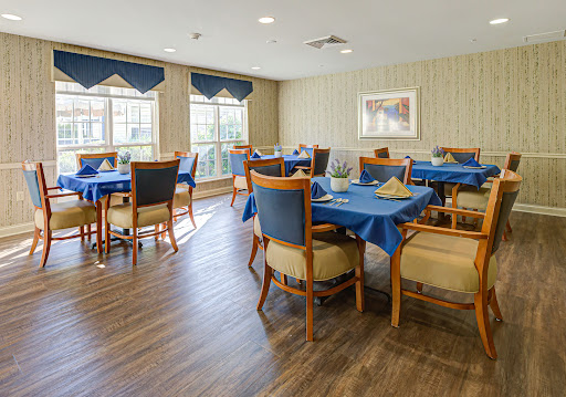 A well-lit dining area featuring wooden furniture and blue table settings.