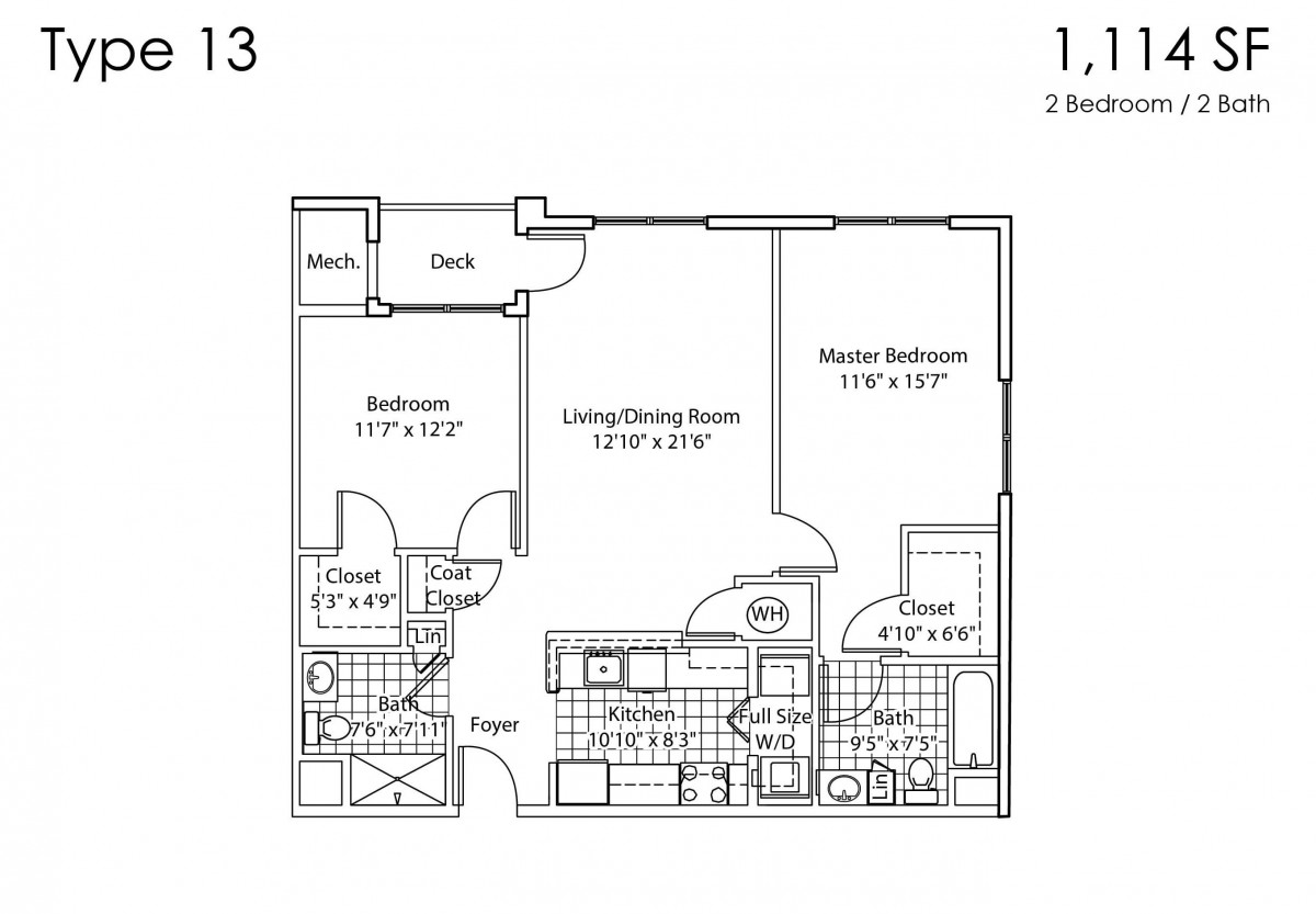 Floor plan of a two-bedroom apartment with dimensions and layout details.