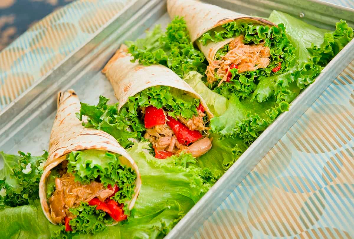 Delicious and healthy wraps filled with fresh lettuce and vegetables.