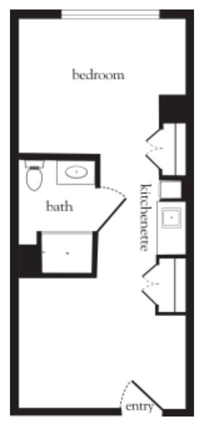 A compact apartment floor plan featuring a kitchenette and a bathroom.