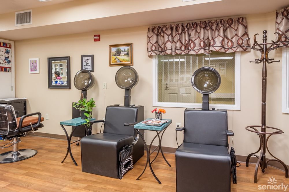 A salon interior featuring hair drying chairs and decor.