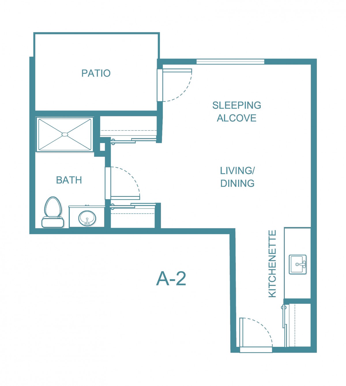 Studio apartment floor plan with patio, sleeping alcove, living/dining area, kitchenette, and bathroom.
