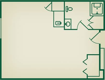 A simple architectural floor plan showing a room layout with a bathroom.