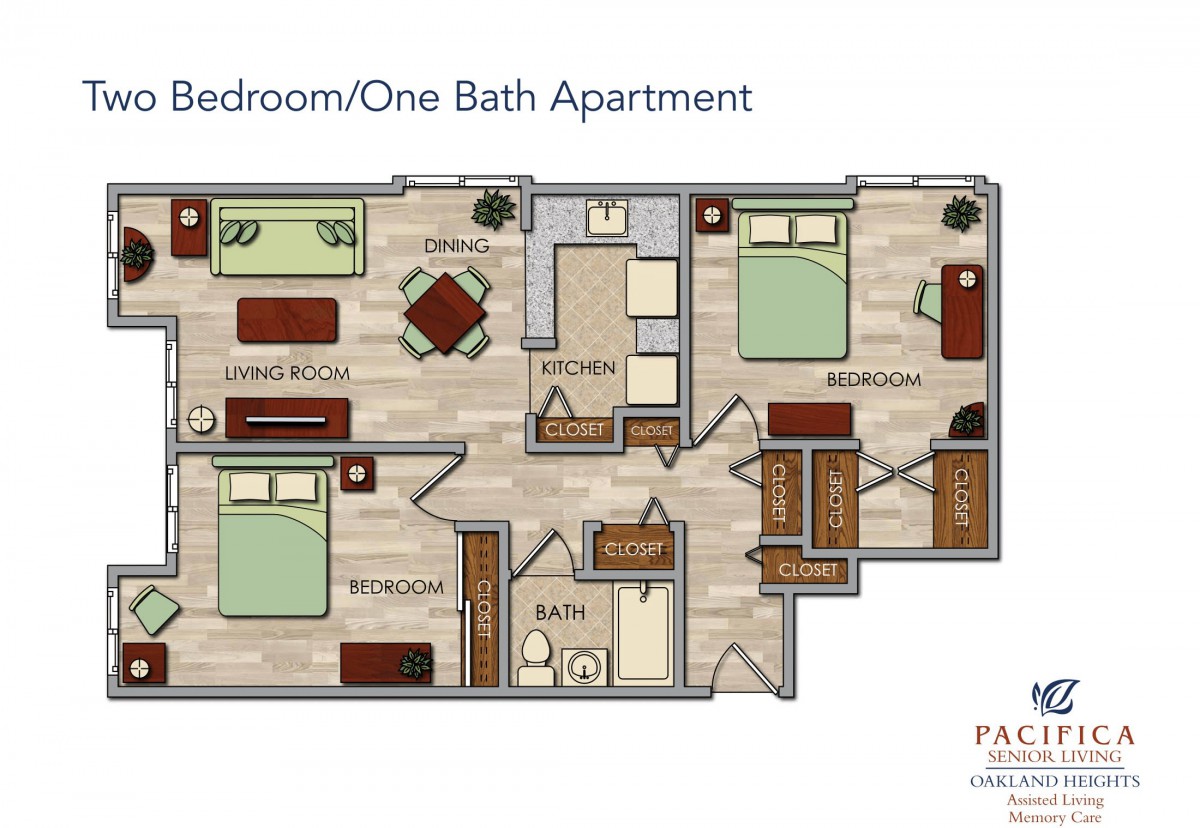 Three-bedroom, one-bath apartment floor plan.