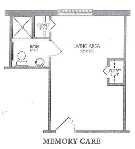 Floor plan of a memory care unit featuring a living area, bathroom, and closets.