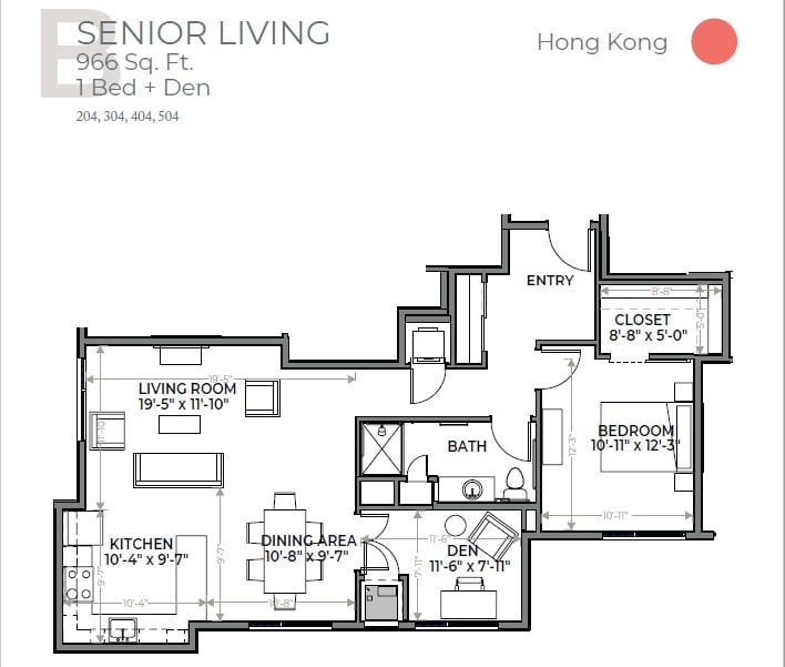 Floor plan of a senior living apartment in Hong Kong, featuring one bedroom and one bathroom.