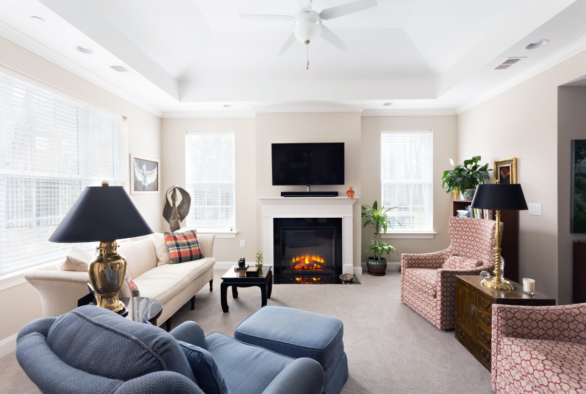 A cozy and bright living room featuring a sofa, armchair, fireplace, and television, complemented by decorative plants.