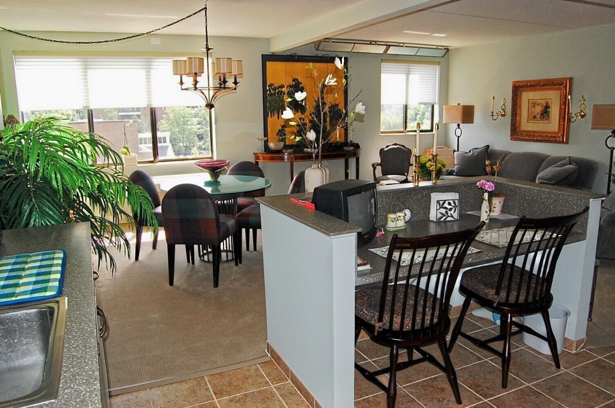 An open-plan living and dining area featuring elegant furniture, a chandelier, and stylish decor.