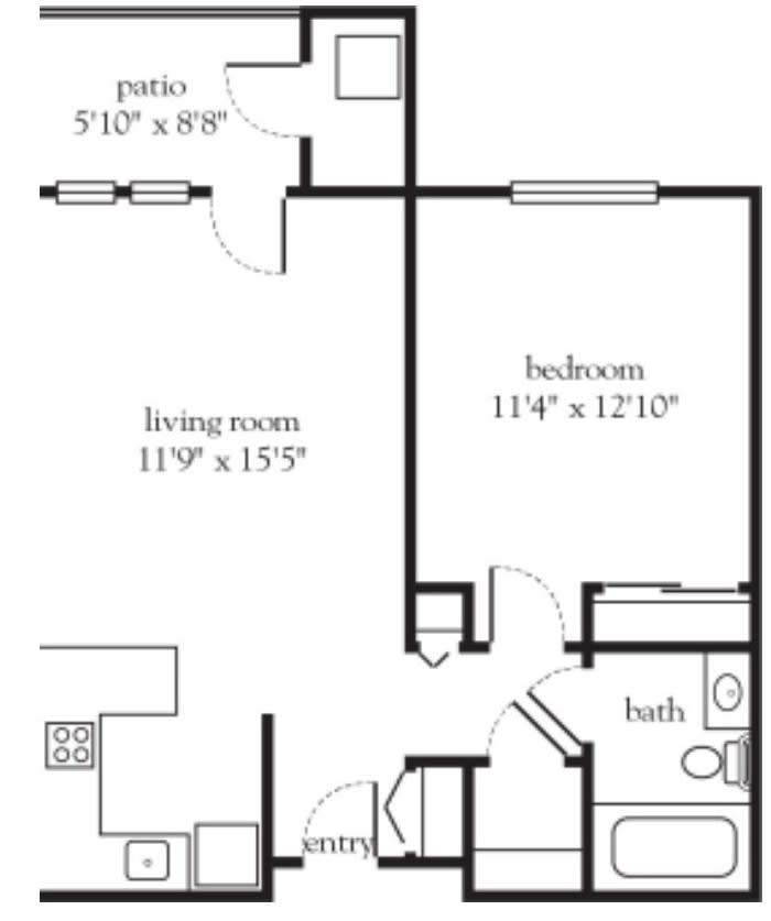 A floor plan of a one-bedroom apartment featuring a living room, bedroom, kitchen, bathroom, and patio.