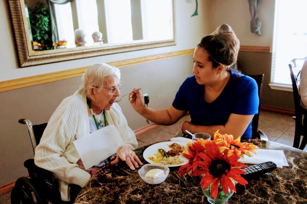 A caregiver assists an elderly woman with her meal, demonstrating compassion and support.