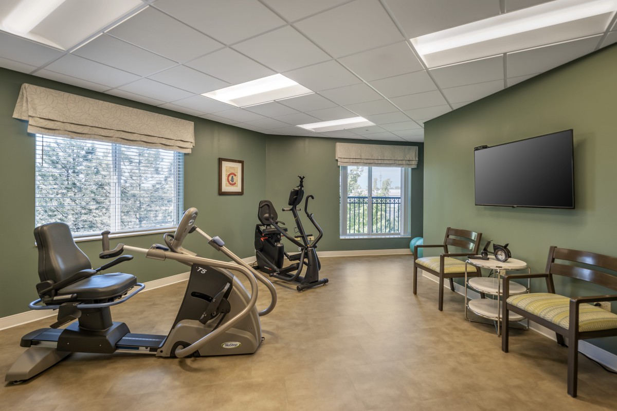 A modern fitness room featuring exercise equipment like a treadmill and stationary bike.