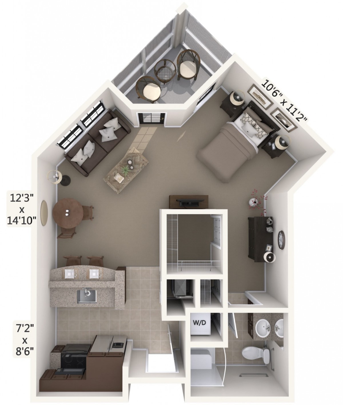A floor plan of a one-bedroom apartment with designated spaces for the kitchen, living room, and bathroom.