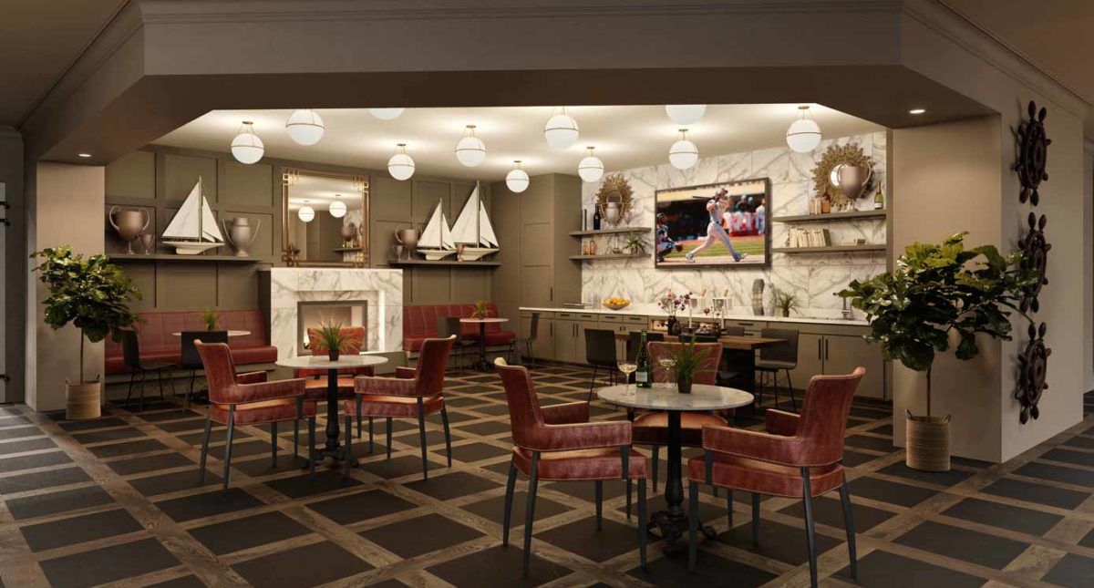 A stylish restaurant interior featuring a cozy fireplace, modern furnishings, and warm lighting.