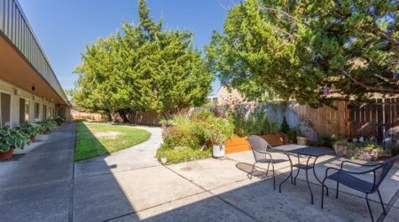 A sunny backyard featuring a patio with seating and lush greenery.