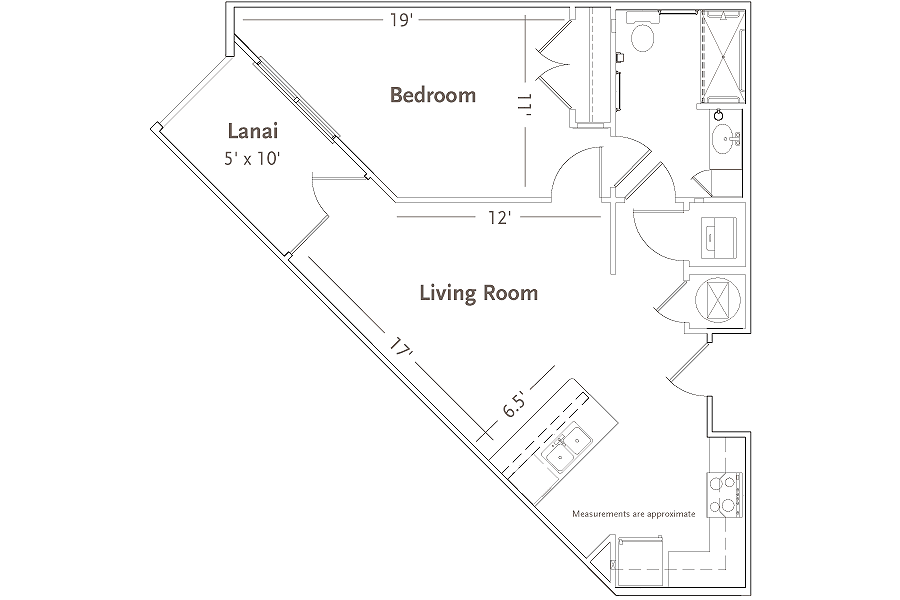 A floor plan depicting the layout of an apartment with labeled rooms and dimensions.