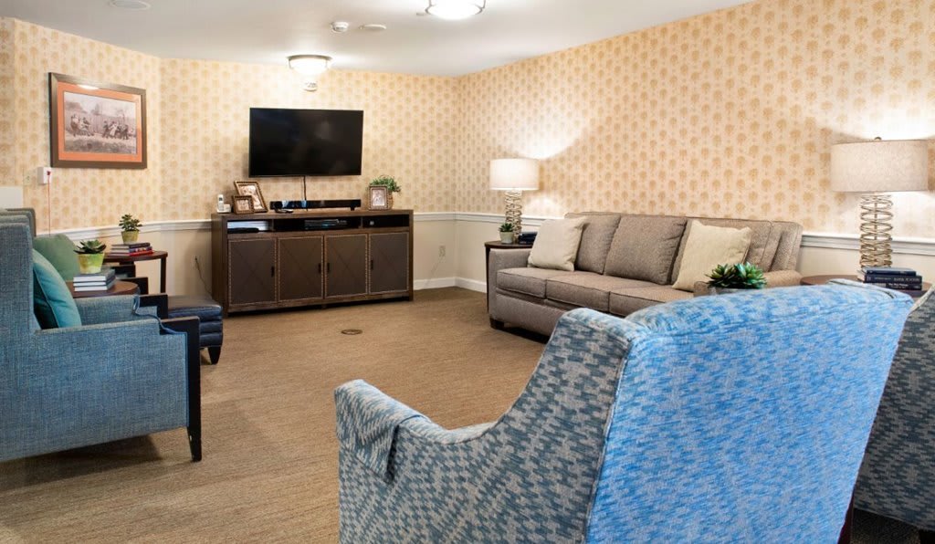 A cozy living room with a sofa, TV, and stylish decor.