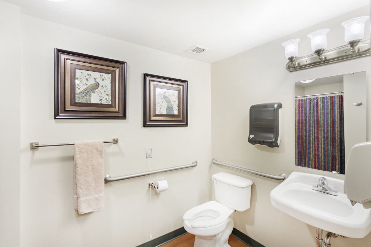 A clean, well-lit bathroom with framed artwork and modern fixtures.