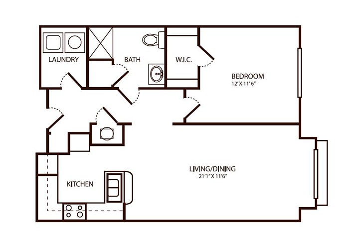 This is a floor plan of a one-bedroom apartment featuring a kitchen, living/dining area, bathroom, laundry room, and a closet.