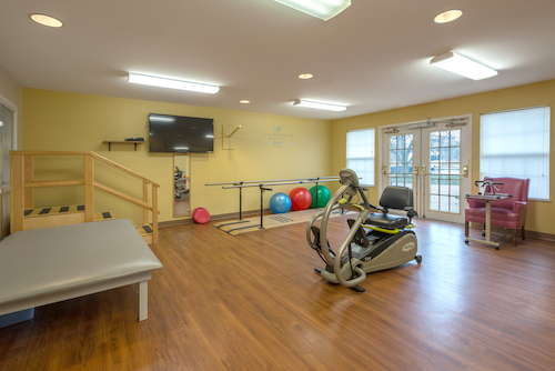 A well-equipped fitness space featuring a recumbent bike, exercise balls, and ample natural light.