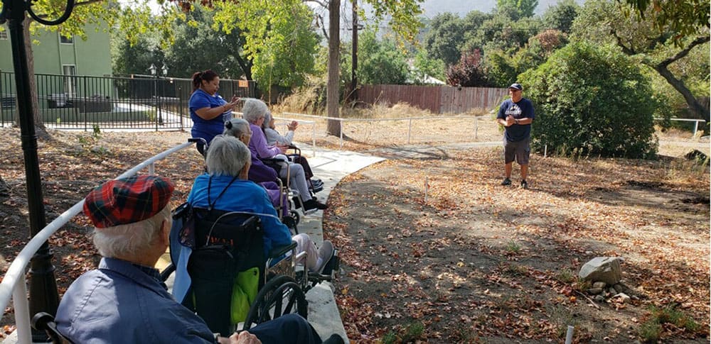 A group of people sitting in wheelchairs listening to a speaker outdoors in a park setting.