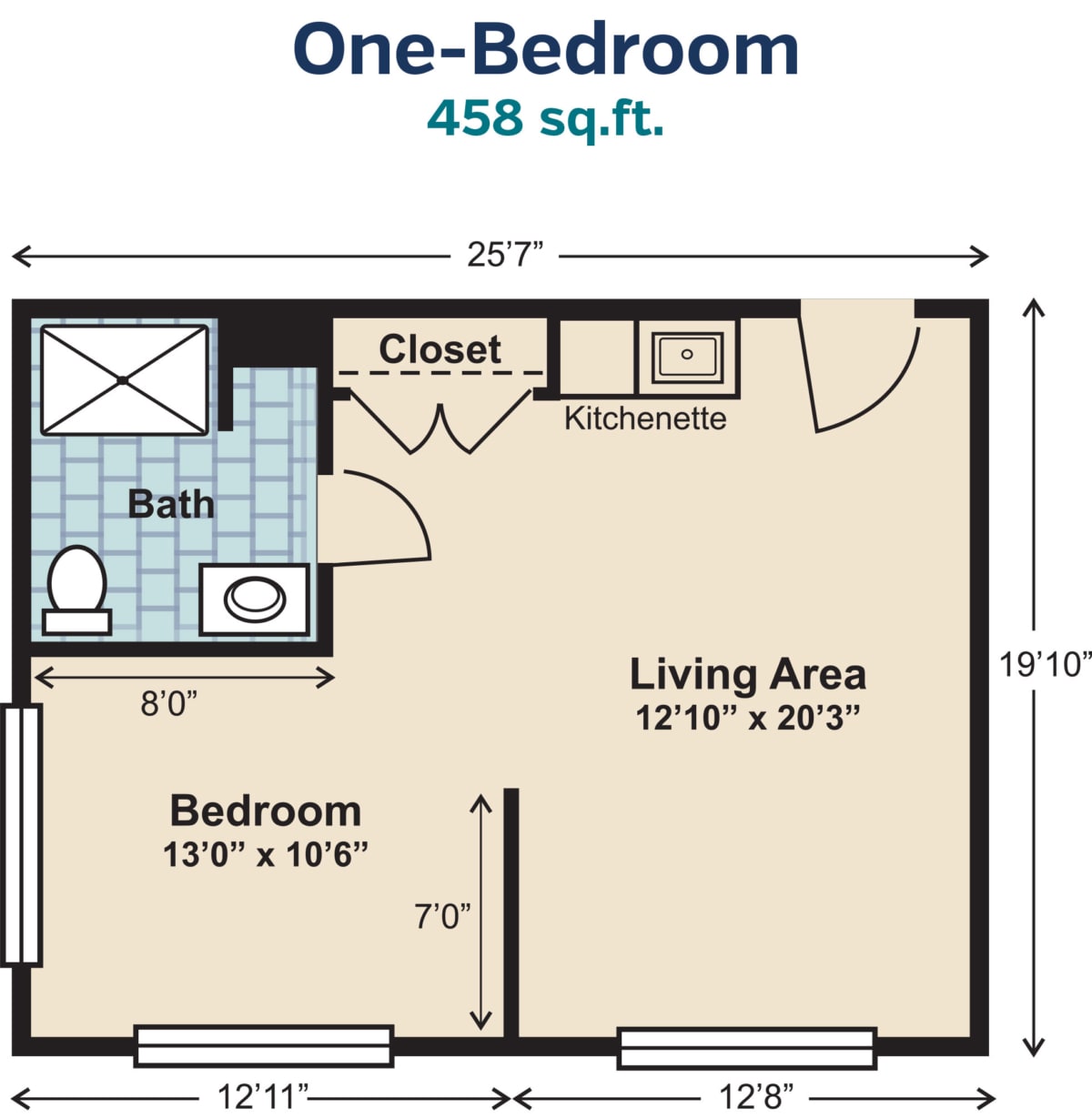 Floor plan of a one-bedroom apartment measuring 458 square feet.