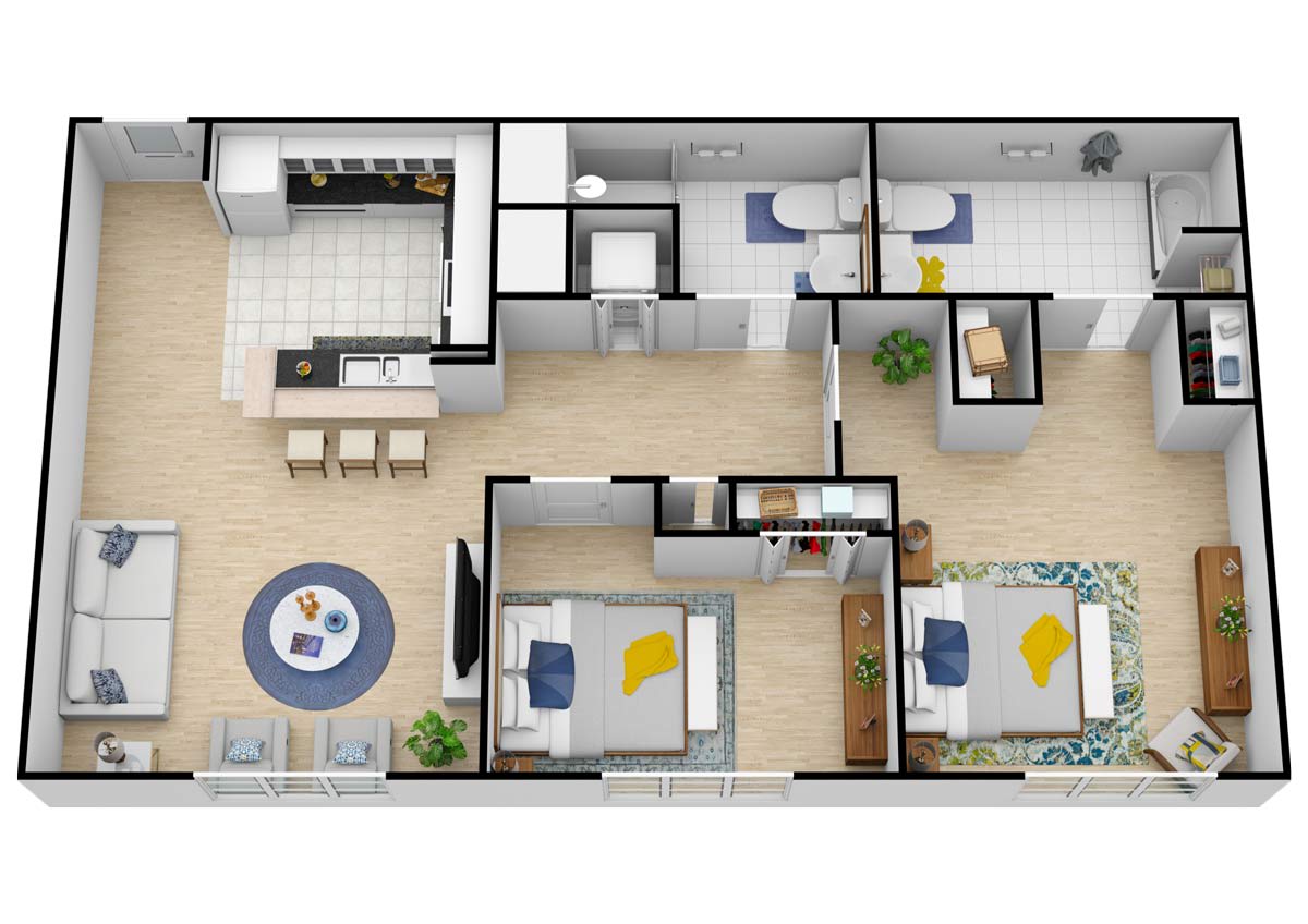 3D floor plan of a modern apartment featuring two bedrooms, a living room, and a kitchen.
