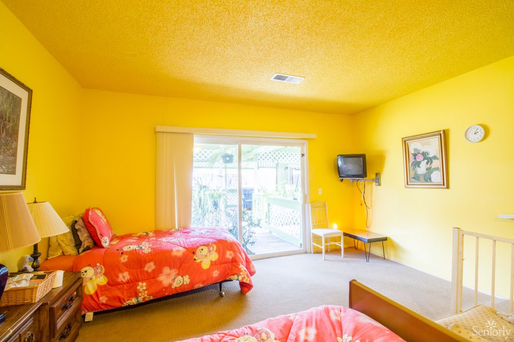 A vibrant bedroom with twin beds and yellow walls, featuring a large window and a wall-mounted TV.