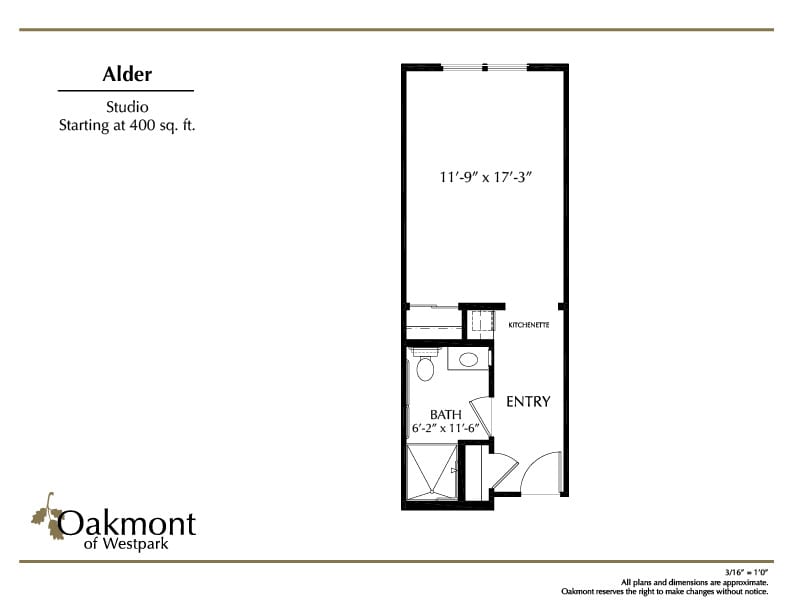 Floor plan of a studio apartment, showing the layout with details such as living area, kitchen, bathroom, and entrance.