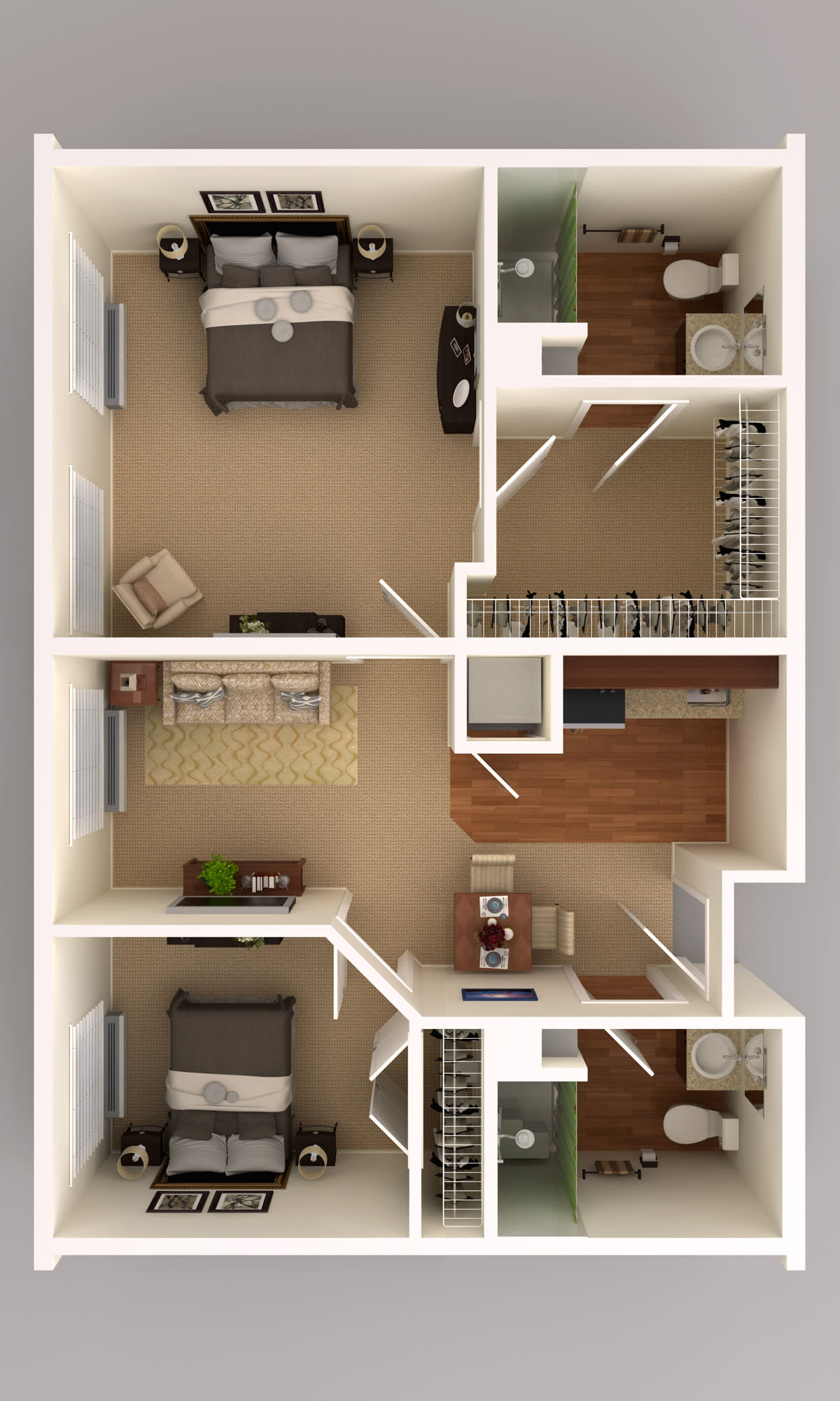 A 3D rendered floor plan of a two-bedroom apartment with furniture layout.