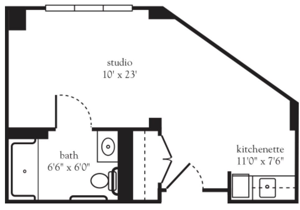 A floor plan of a studio apartment featuring a kitchen, bathroom, and main living area.