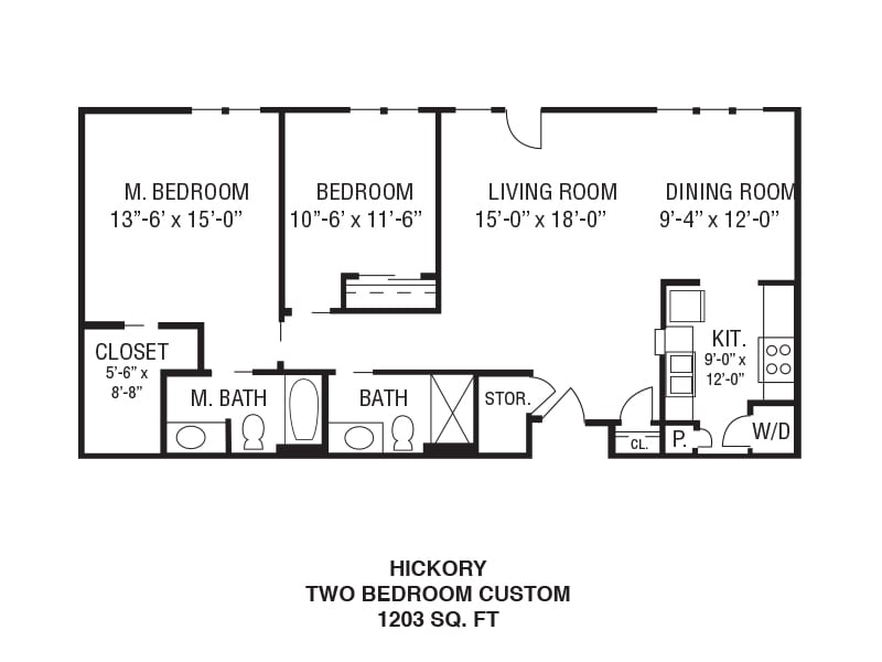 Floor plan of a two-bedroom apartment with labeled dimensions.