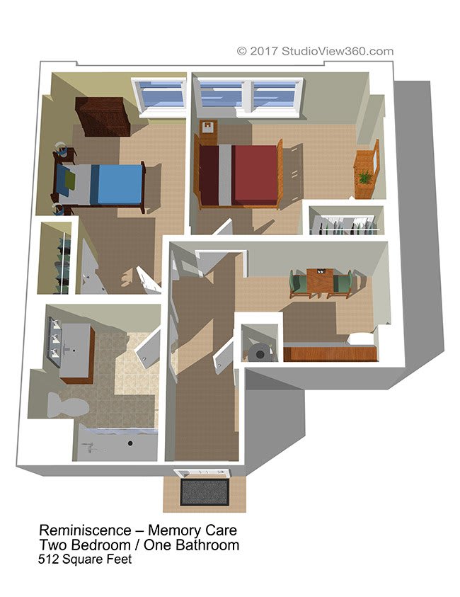 3D floor plan of a two-bedroom apartment with labeled rooms and furnishings.