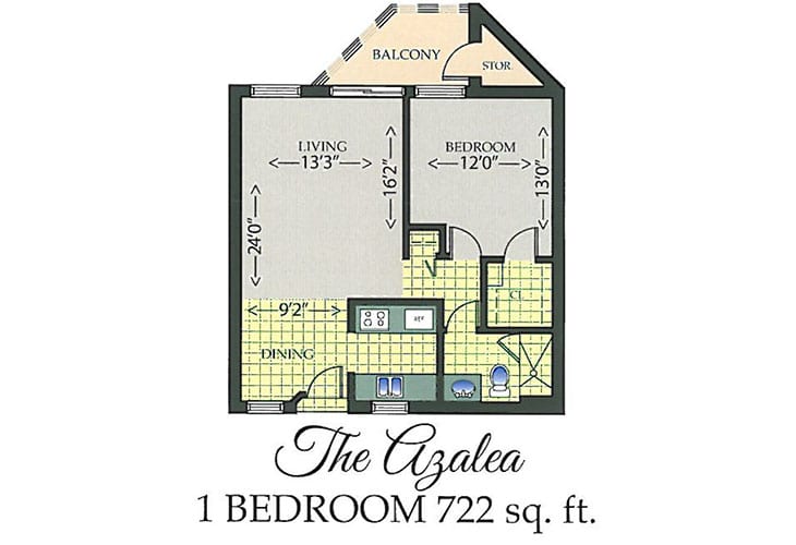 A floor plan of a one-bedroom apartment called 'The Azalea' measuring 722 square feet.