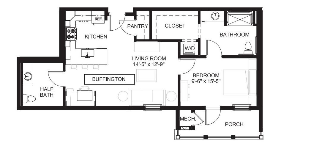 A one-bedroom apartment floor plan featuring a living room, kitchen, pantry, closet, and bathroom.