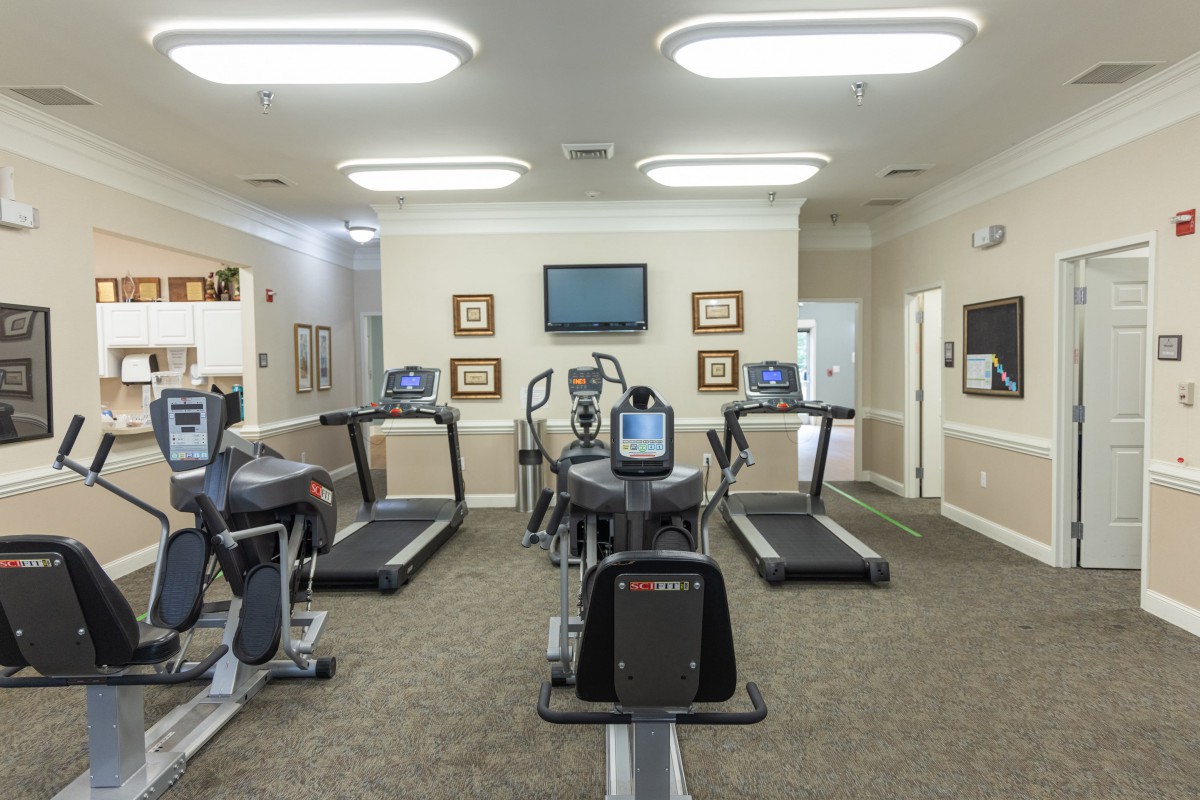 A clean and well-organized gym featuring treadmills and elliptical machines.
