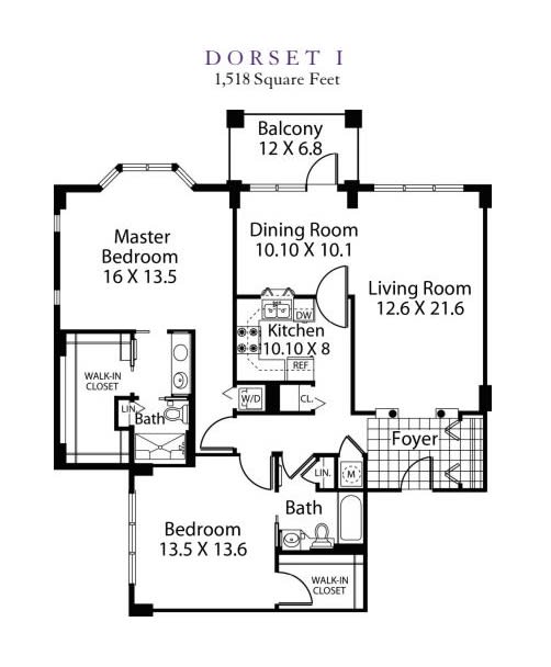A detailed floor plan featuring two bedrooms, a living room, dining area, kitchen, and bathroom.