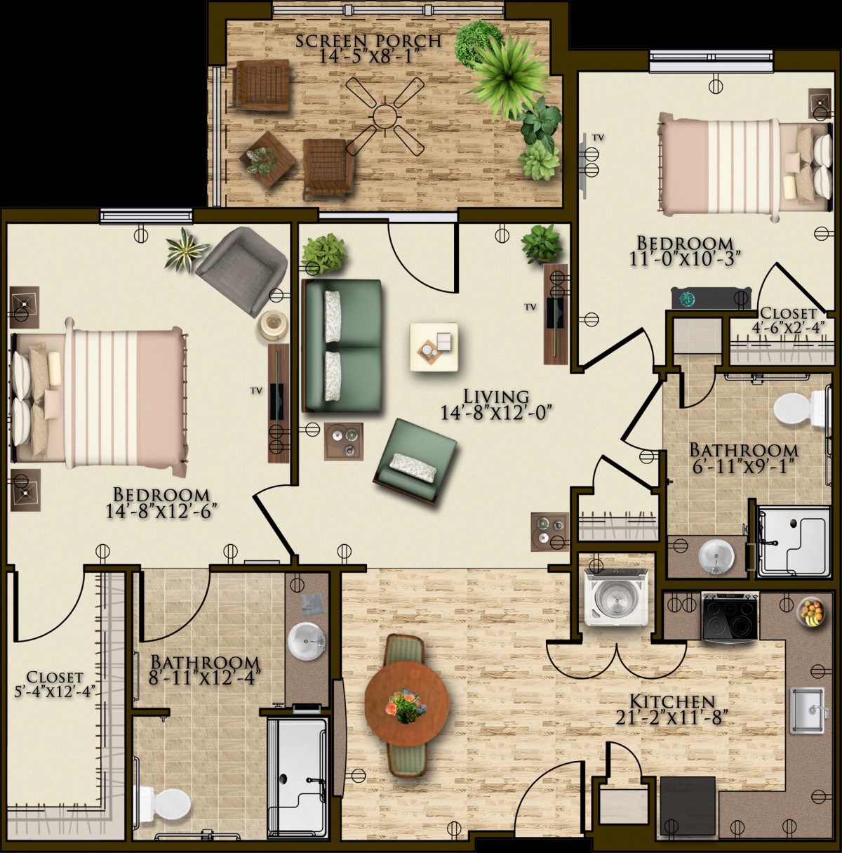 A detailed floor plan of a two-bedroom apartment featuring a living room, kitchen, bathrooms, and dining area.