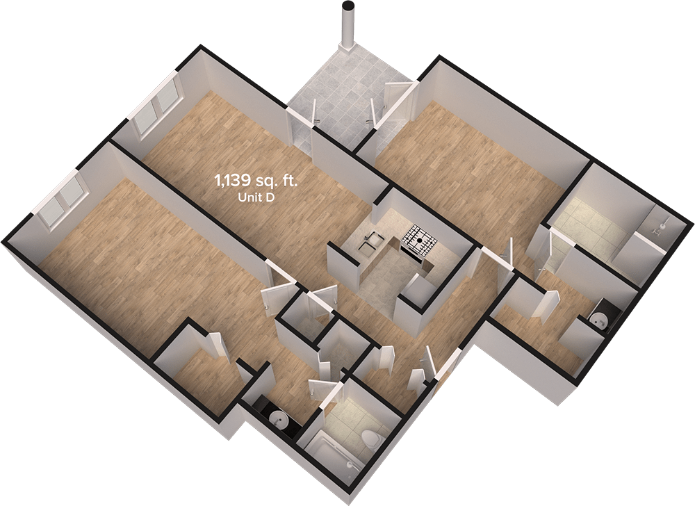 A 3D floor plan of an apartment with a total area of 1128 sq. ft, featuring labeled rooms and living spaces.