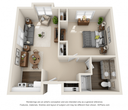 A 3D rendering of a one-bedroom apartment layout, featuring a living room, kitchen, bathroom, and bedroom.